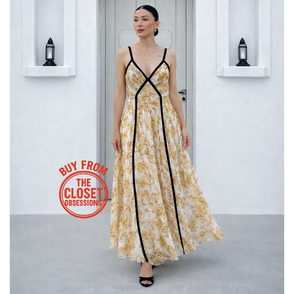 Zara NWT Yellow Baroque Print V Neck Maxi Dress M